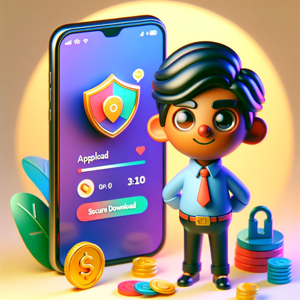 Cartoon character holding a smartphone with an app download screen and Bangladeshi themed colors