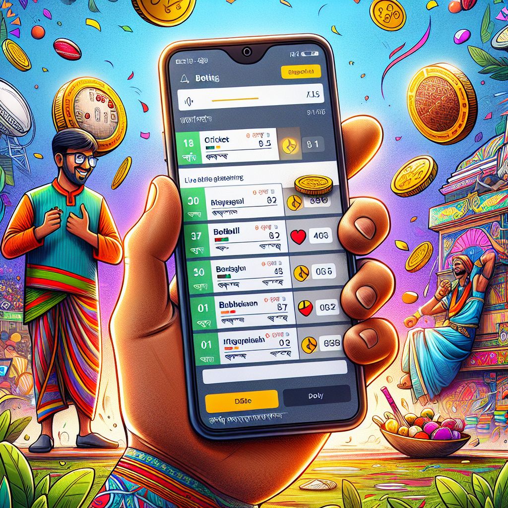 BDT666 themed cartoon character holding a phone with live sports odds and coins
