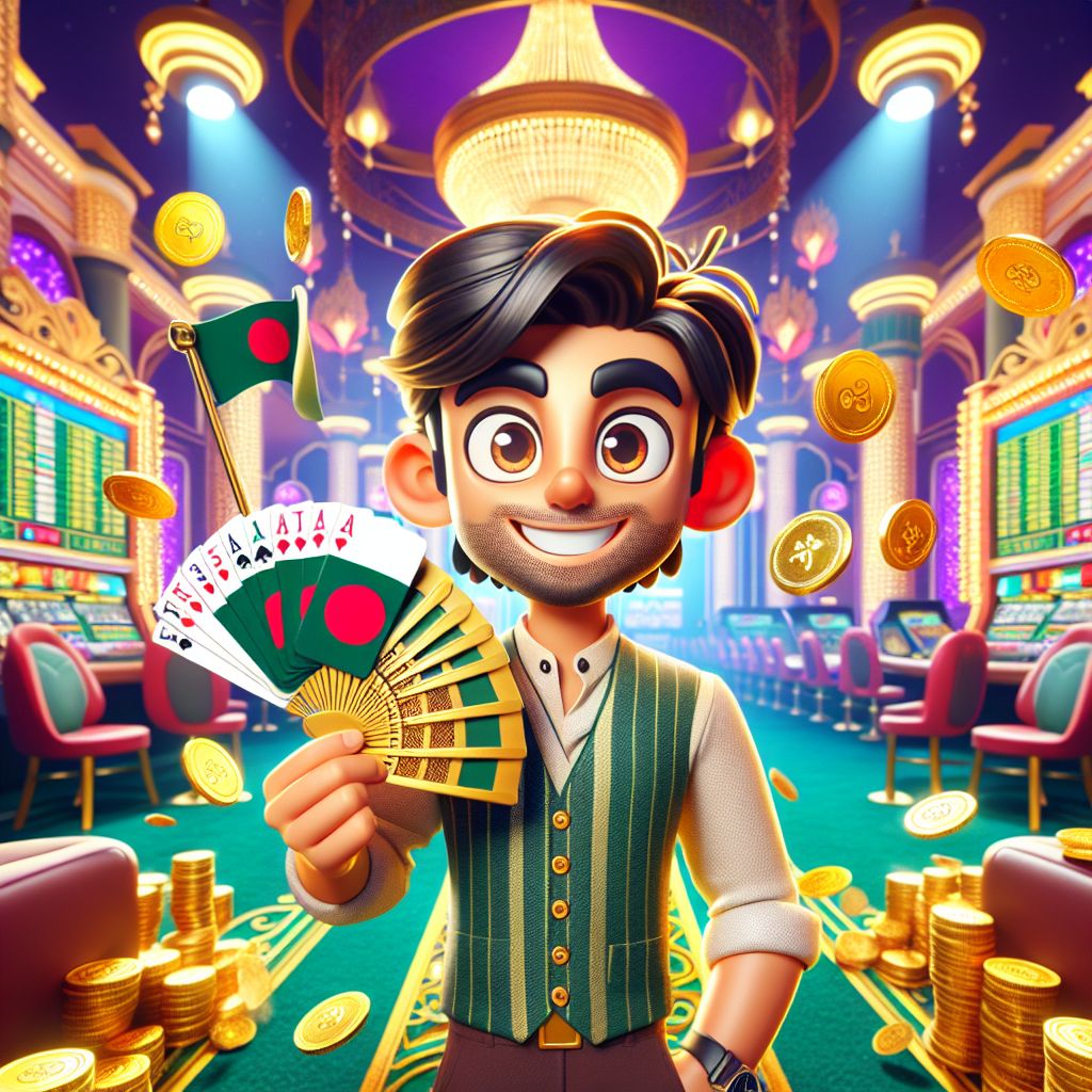 BDT666 casino themed cartoon characters with chips, cards, and coins in a bright gaming lobby