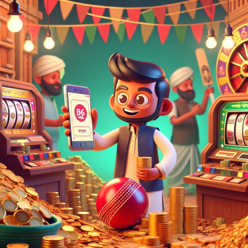 BDT666 cartoon characters with coins, a mobile phone, and casino games in Bangladesh style