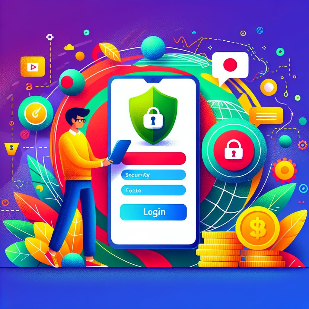 BDT666 cartoon character holding a phone with a login screen and security shield